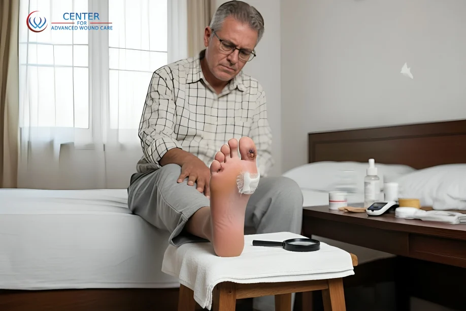 Older man examining a diabetic foot ulcer on his sole, sitting on a bed with medical supplies nearby, representing diabetic wound care treatment.