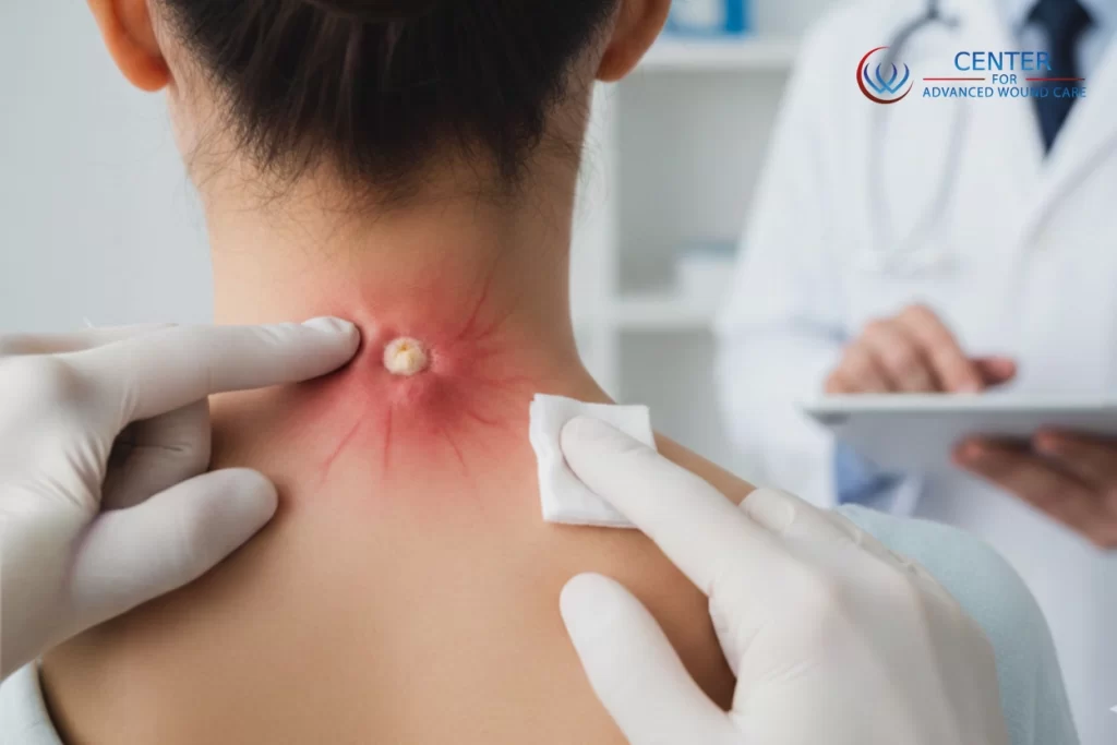 Doctor wearing gloves inspecting an infected skin cyst on the back of a patient’s neck.