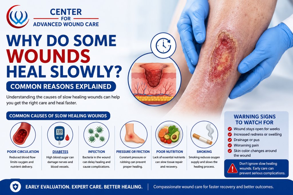 Why do some wounds heal slowly infographic showing causes like poor circulation, diabetes, infection, pressure, poor nutrition, and smoking